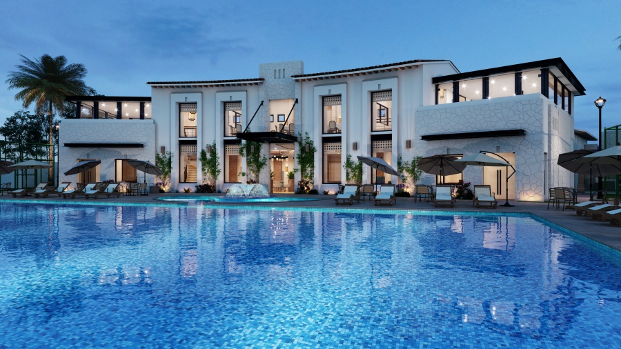 This is an image of a mansion that has white walls and a blue pool