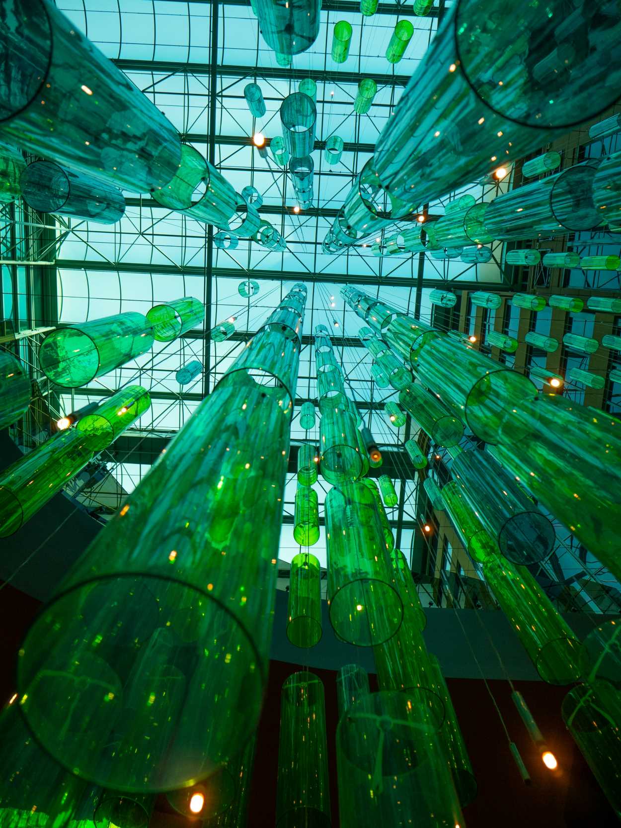 This is an image of green cylinders hanging from a sealing